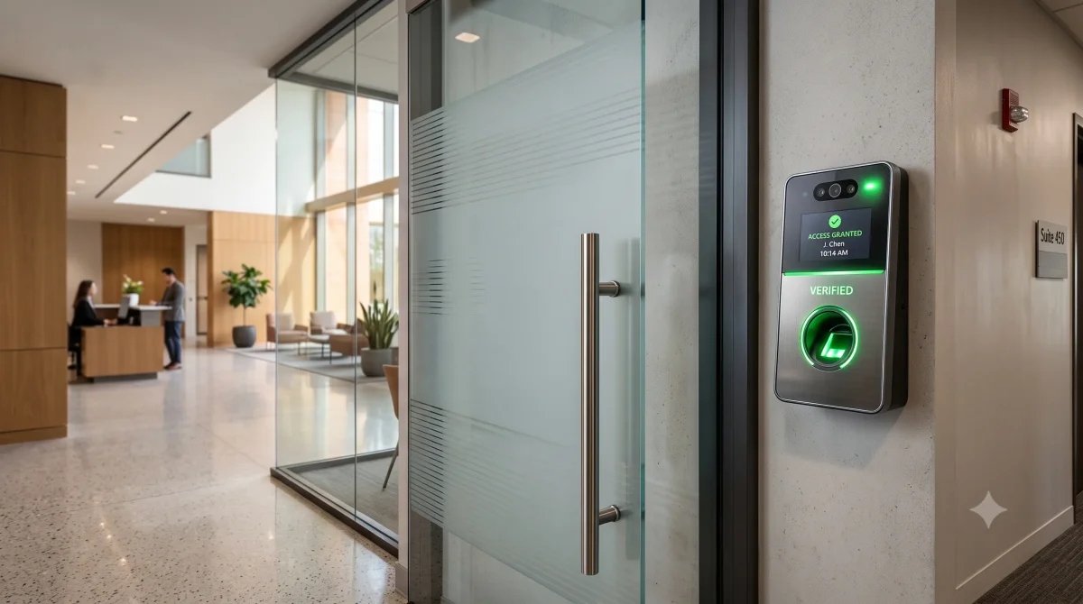 facial recognition and fingerprint biometric attendance machine mounted beside an office glass door