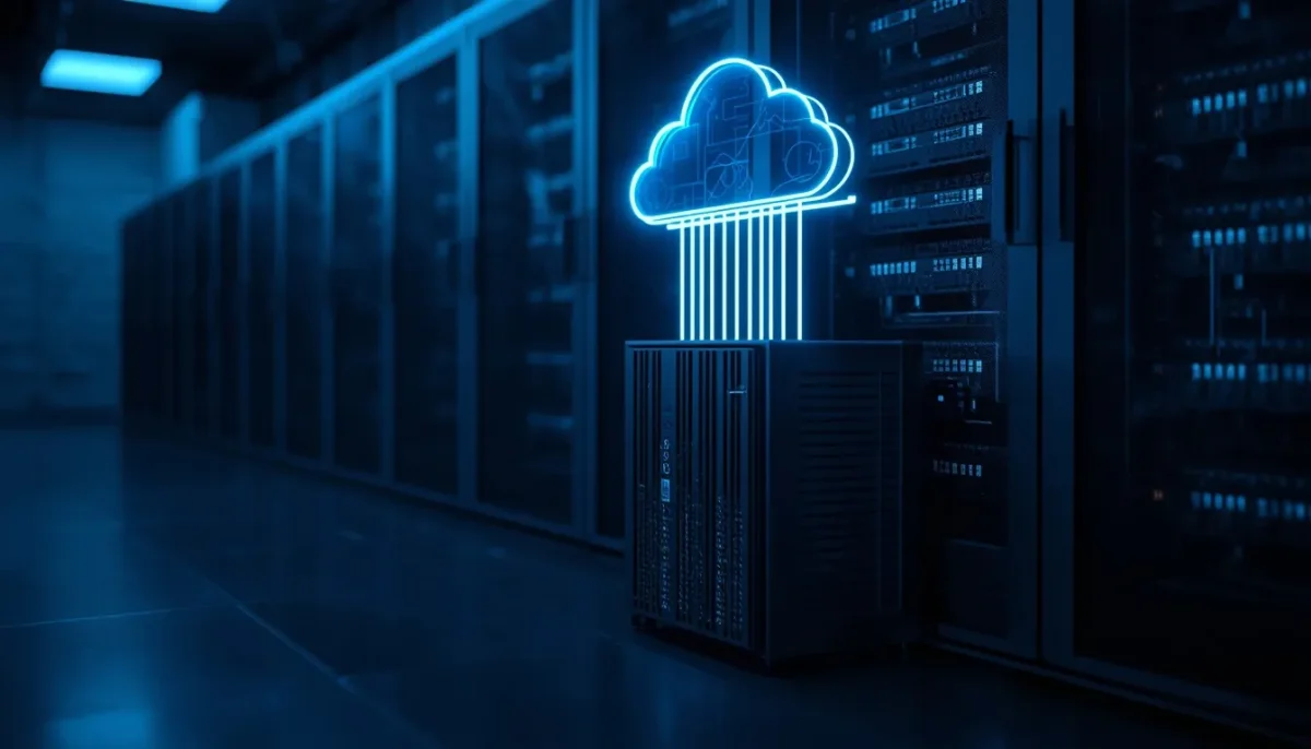 Top-down view of multi-bay NAS hardware, enterprise surveillance/NAS hard drives, and cloud provisioning sheets