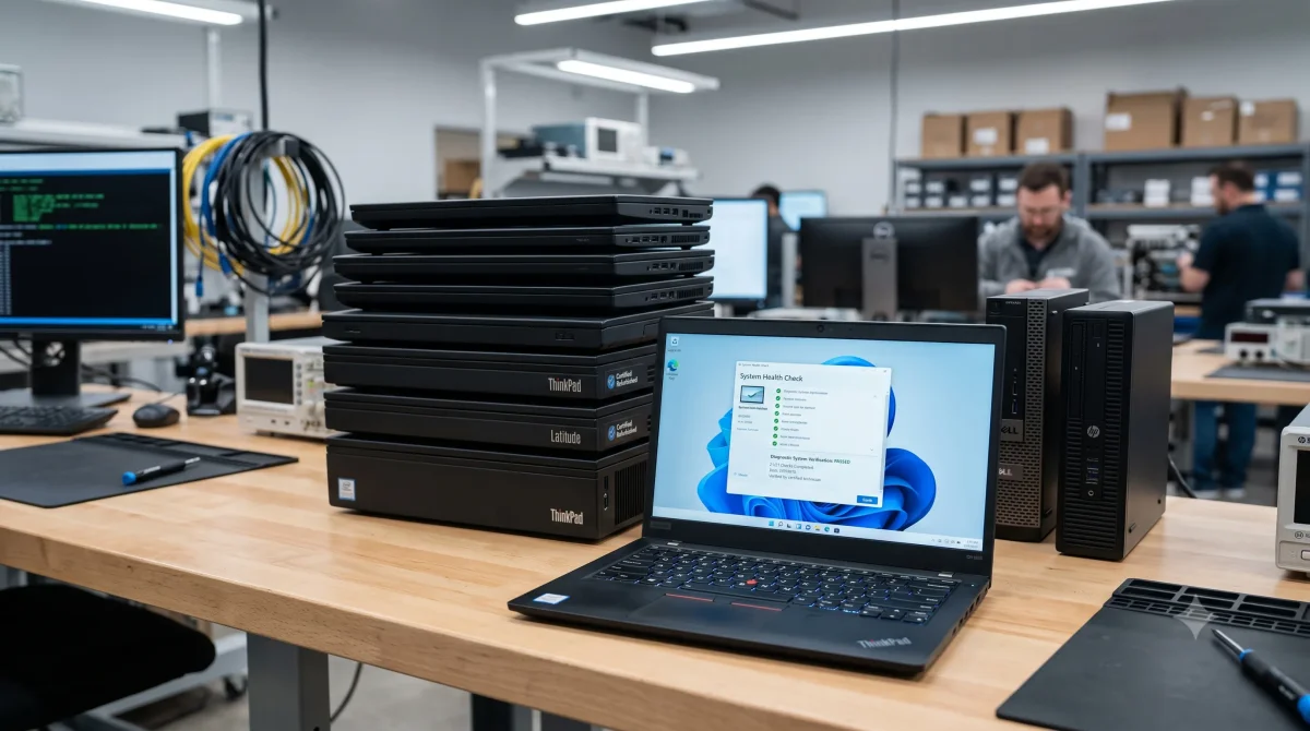 Quality inspection checklist placed beside an enterprise refurbished business laptop undergoing display testing in Ahmedabad