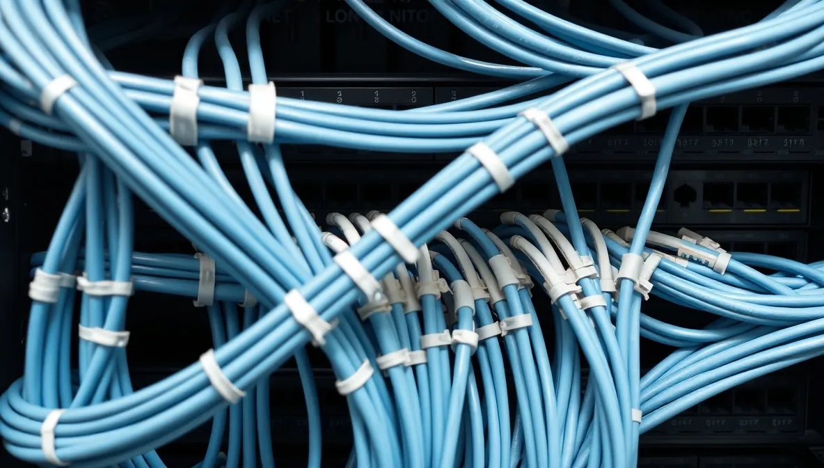 Rear view of a 42U enterprise server rack enclosure showing structured cable dressing and central copper grounding busbar